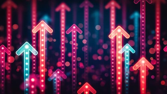 Luminous up arrows of red and blue point upwards on dark background with bokeh effects