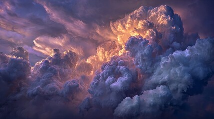 Majestic cumulonimbus clouds illuminated by dramatic sunset light create a powerful atmospheric spectacle