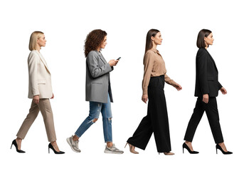 collection cutout full body businesswomen walking in a row against white background