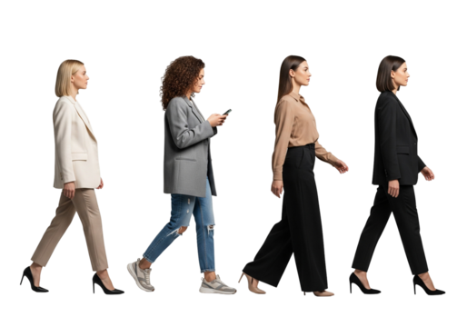 collection cutout full body businesswomen walking in a row against white background