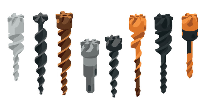 Variety of isometric drill bits in different colors on white background