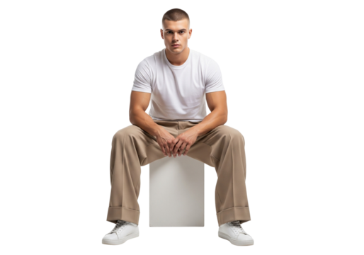Muscular Young Man Sitting: Casual Fashion, Strength, and Serious Pose - Powered by Adobe