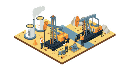 Fototapeta premium Isometric oil rig operation scene with industrial workers and equipment