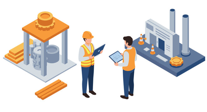 Isometric industrial engineering and construction planning scene with engineers