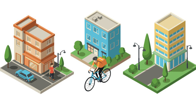 Isometric urban scene with bicyclist near modern buildings and trees