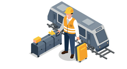 Isometric illustration of factory worker with machinery and transport vehicle