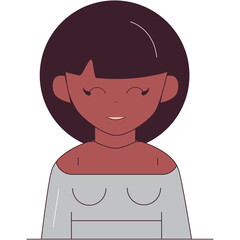Cartoon Portrait Of A Young Woman With Dark Hair And A Content Smile Wearing A Grey Off-the-shoulder Top With A Simple Flat Design Style And No Background