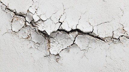 Obraz premium Dramatic close up of a large crack fracturing a weathered white wall, revealing textured plaster and debris beneath.
