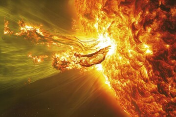 Bright solar flare erupts from the sun showcasing dynamic plasma activity. Magnetic storms.