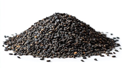 Pile of black sesame seeds healthy food ingredient on white background