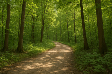 Naklejka premium Forest path surrounded by green trees in sunlight