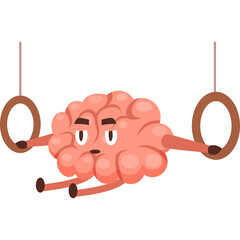 Cartoon Pink Brain Character Doing Gymnastics On Rings With Tired Expression And Transparant Background