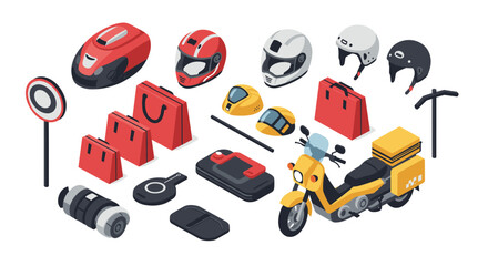 Modern isometric motorcycle delivery equipment and gear set on white background