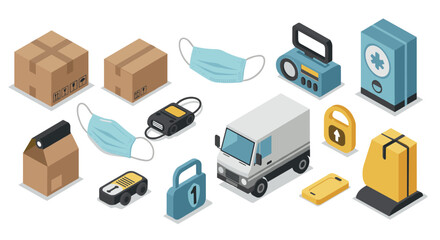 Isometric delivery and safety icons with masks, packages, and devices