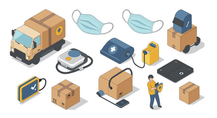 Isometric medical delivery and safety equipment set with masks and health monitoring gadgets