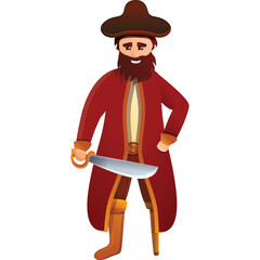 Cartoon pirate man with brown hat and red coat holding sword standing against white background