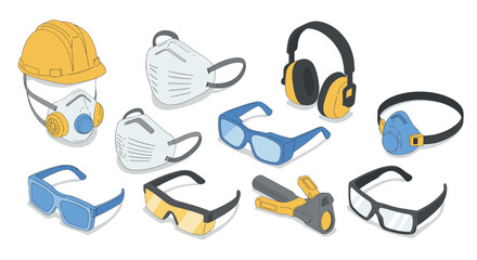 Safety gear collection with protective headphones, glasses, masks, and helmet in flat design