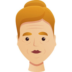 Cartoon Portrait of a Mature Woman With Red Hair Pulled Up In A Bun Featuring Wrinkles Around Her Eyes and Mouth Against A Transparent Background