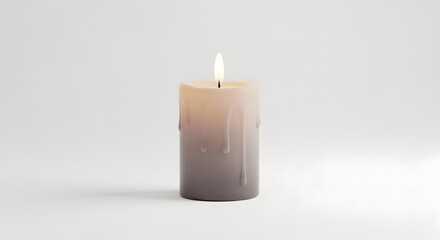 A single grey pillar candle with a lit flame and dripping wax stands against a clean white background.