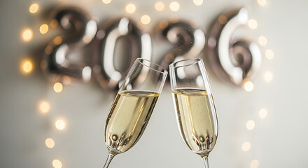 Champagne glasses clinking in celebration of the new year 2026 with festive lights.