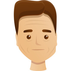 Cartoon Portrait of a Middle Aged Man With Brown Hair and Brown Eyes Smiling With Wrinkles on Forehead and Cheeks Against a Transparent White Background