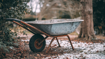 Old wheelbarrow resting on autumn leaves in a quiet garden during late afternoon