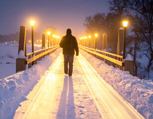 person crossing snow-covered bridge lit by lanterns