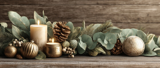 rustic, vintage yet luxury christmas decor with festive candles, fire cone & eucalyptus wreath over wooden wall background; copy space