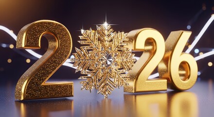 Glittering gold numbers 2 and 26 display a crystalline snowflake in the center with blurred bokeh lights and glowing lines in the background sparkling ice winter decoration