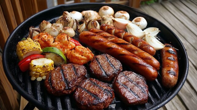 Sizzling summer feast with juicy burgers, grilled sausages, shrimp, corn, and vegetables on a charcoal grill - Powered by Adobe