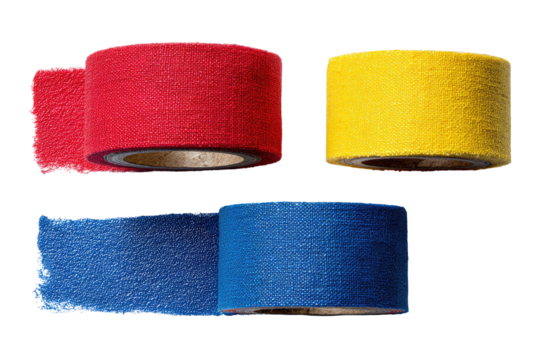Three rolls of brightly colored fabric tape, red, yellow, and blue, arranged in a loose triangular pattern against a black background