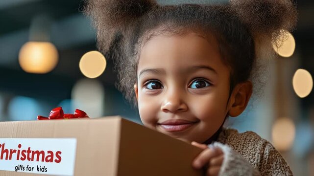 Child placing toy into donation box labeled Christmas gifts for kids in indoor community center with warm light atmosphere