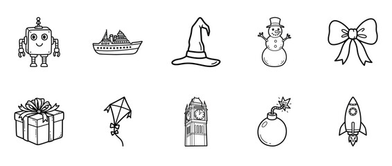 Outline icons: robot, cruise ship, witch hat, snowman, bow, gift, kite, big ben, bomb, rocket