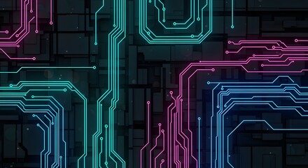 Abstract background with glowing lines in blue and pink on a dark geometric patterned background