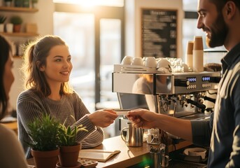 Customer paying for coffee at a cafe counter with a barista