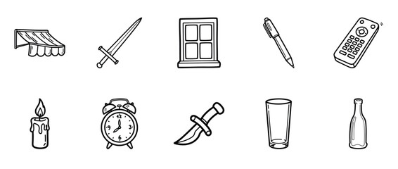 Simple black and white hand-drawn doodle set of everyday objects
