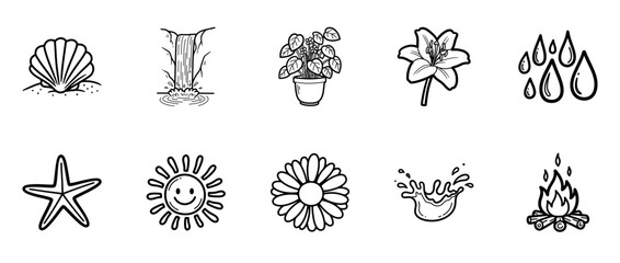 Fototapeta premium Collection of nature elements: sea shell, waterfall, plant, flower, raindrops, starfish, sun, daisy, water splash, campfire