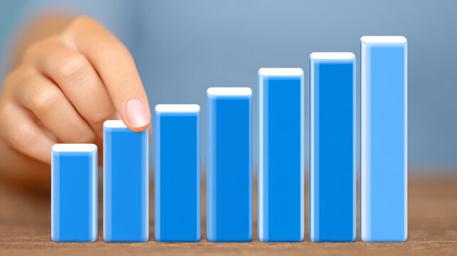Hand pointing bar chart visualizing data trends with dynamic statistical graphics and interactive analytics for business insights.