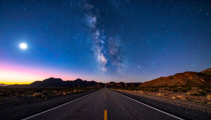 Long empty highway under starry night sky and glowing moon.
