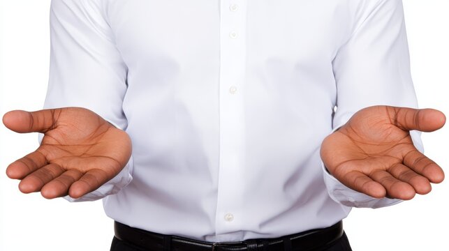 Man in white shirt holding hands outward open gesture demonstrates communication and body language display.