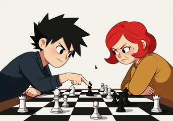 Young boy and redhaired woman intensely concentrate on a chess game. Suitable for strategy or teamwork concepts in editorial articles.