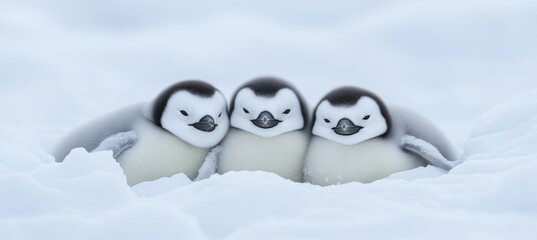 Obraz premium Three Adorable Emperor Penguin Chicks Cuddle Together for Warmth in the Snowy Antarctic Landscape