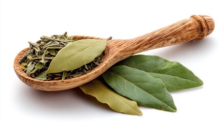 Dried herbs and fresh bay leaves artfully arranged on a rustic wooden spoon evoke culinary inspiration and natural freshness
