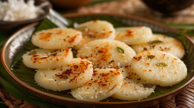 Close up shot of a plate filled with small round appam cakes garnished on a banana leaf surface