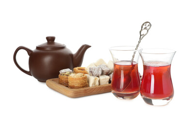 Traditional Turkish tea and desserts isolated on white