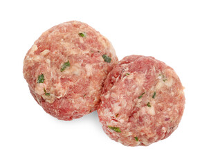 Fresh raw meat patties isolated on white, top view