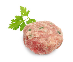 Fresh raw meat patty and parsley isolated on white