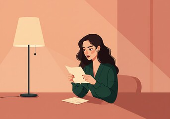 Woman reading a letter by warm lamplight, a moment of quiet reflection and personal communication