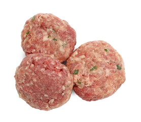 Fresh raw meat patties isolated on white, top view