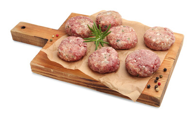 Raw meat patties with rosemary and peppercorns isolated on white